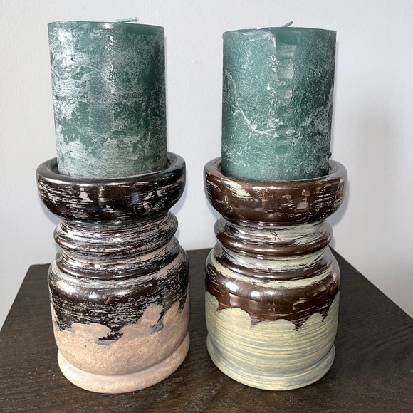 Pair of Urban Barn "Margo'" pewter-glazed, ceramic candle-holders, approx 6 in. - Picture 8 of 9
